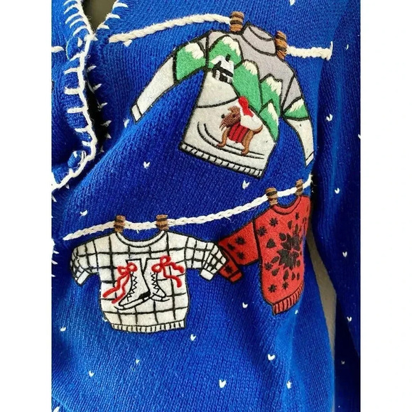 DESIGNERS ORIGINALS vintage Christmas cardigan Ugly Sweater Blue Size Small Knit - Picture 4 of 13